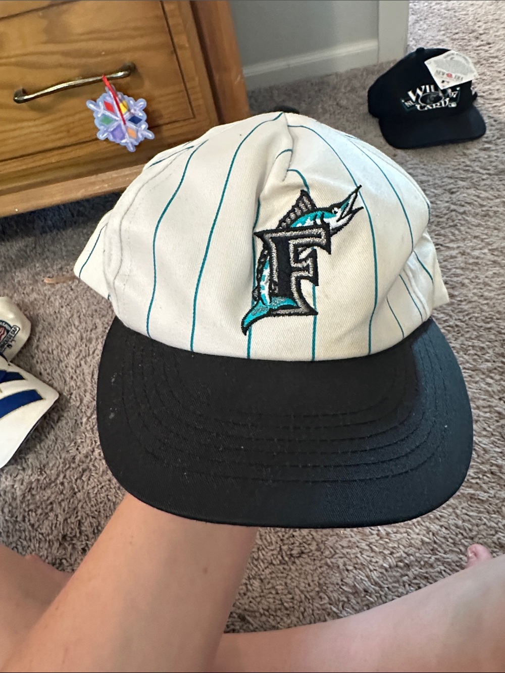 90’s Florida Marlins Youth Pinstripe Baseball Cap - White/Teal/Black